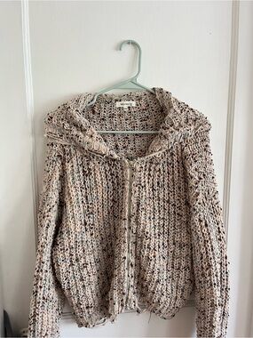 Miracle Speckled Knit Hooded Zip Cardigan in Neutral Cream-Tan